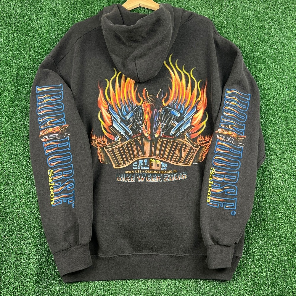 VTG Lee Iron Horse Saloon Zip Hoodie Men's XL Faded‎ Black Bike Week Heavyweight